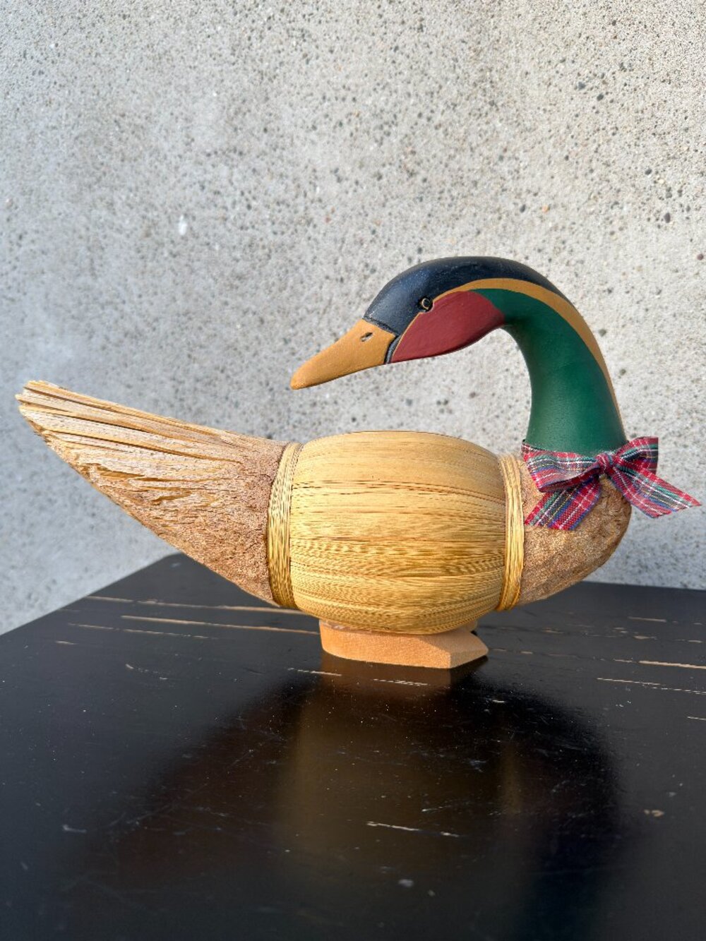 Vintage Russ Berrie & Co 12” Duck Decoy Wood Head Straw Corn Husk Body